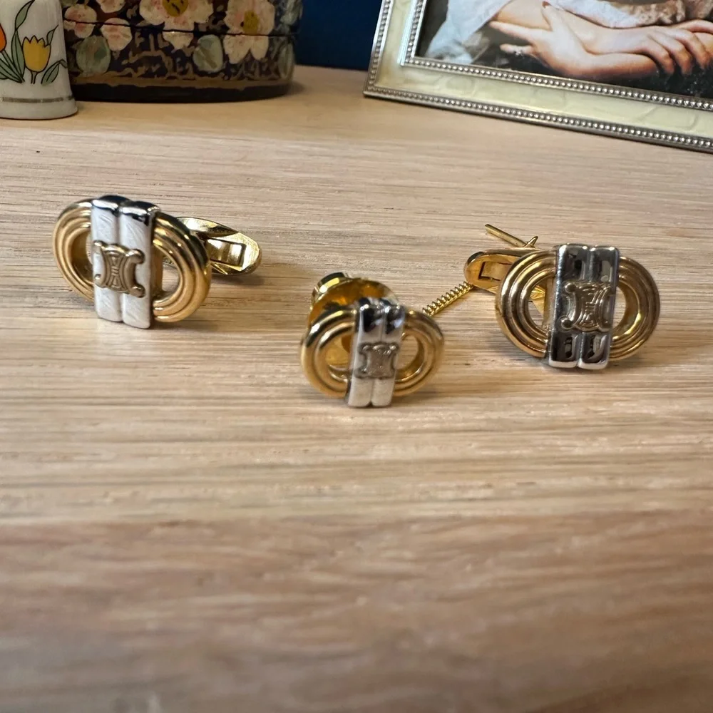 Celine Vintage Paris Logo Cufflinks & Tie Tack Set – Gold & Silver Tone